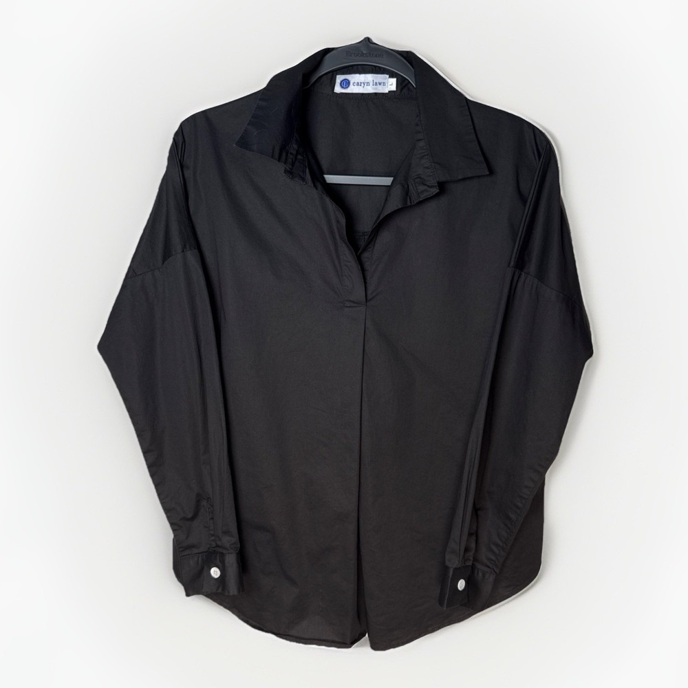 Caryn‎ Lawn Long Sleeve V-Neck Collared Blouse Size L Quiet Luxury Cotton Blend